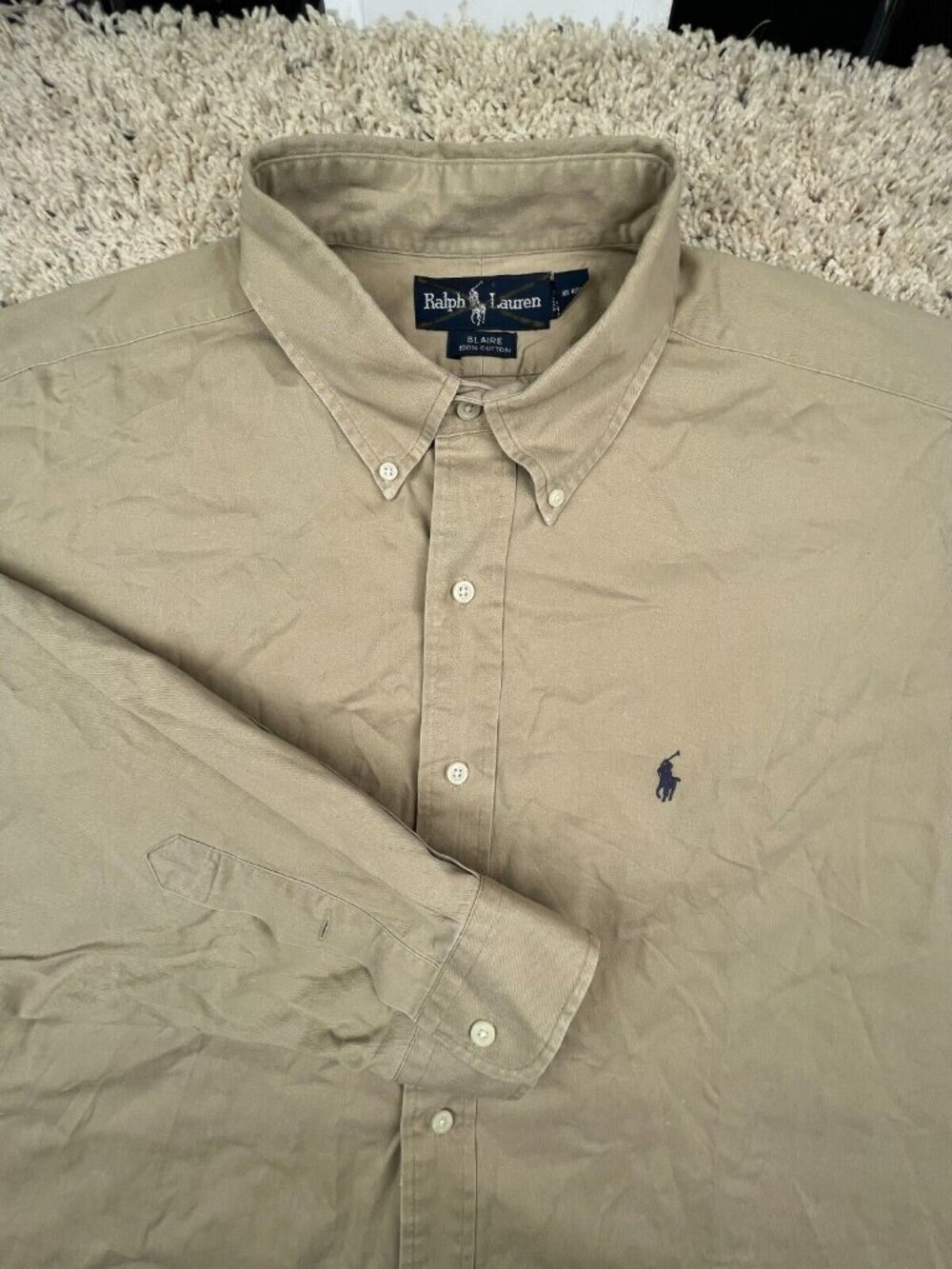 Ralph Lauren BLAIRE Button Up Shirt Cotton Adult Size XL USA Beige Long Sleeve